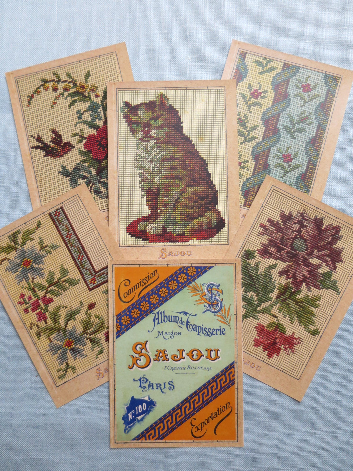 Sajou Six Vintage Tapestry Postcards- Serie 1 Cat & Flowers