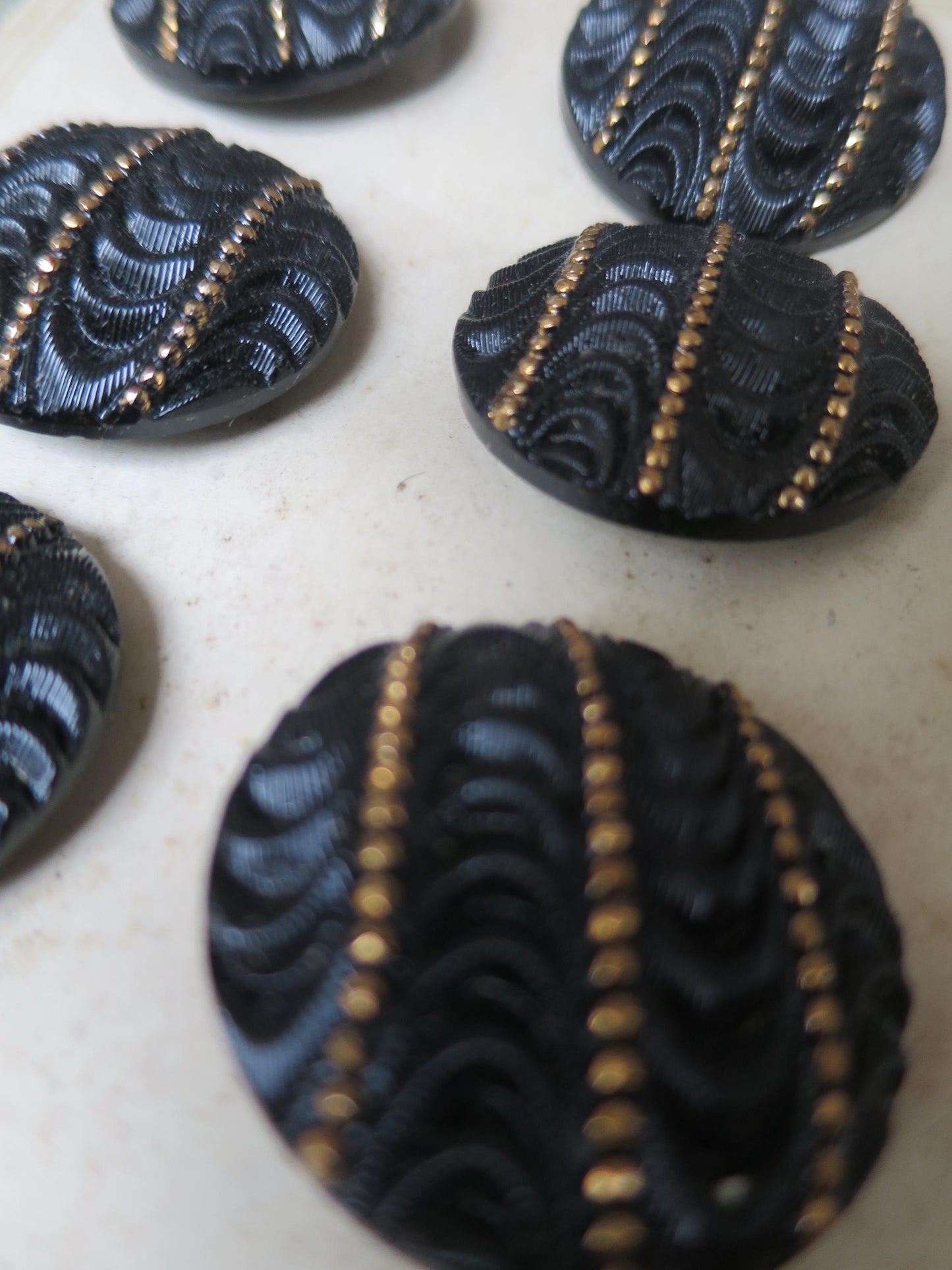 12 Antique Carded Art Deco Czechoslovakian Glass Buttons- Black & Gold Waves and Dots Design