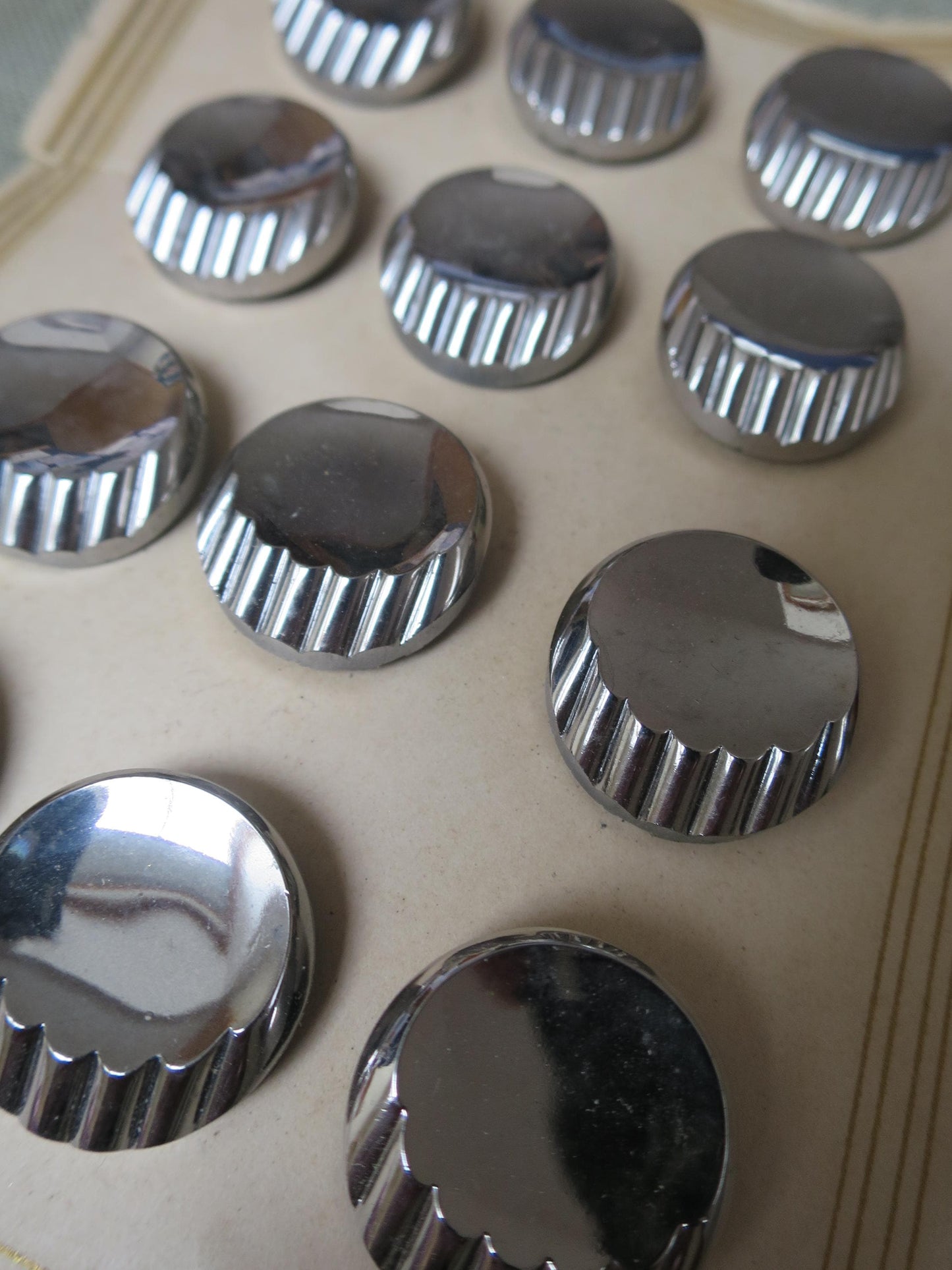 12 Antique Carded Art Deco Czechoslovakian Glass Buttons- Silver Ridged Crescent Design