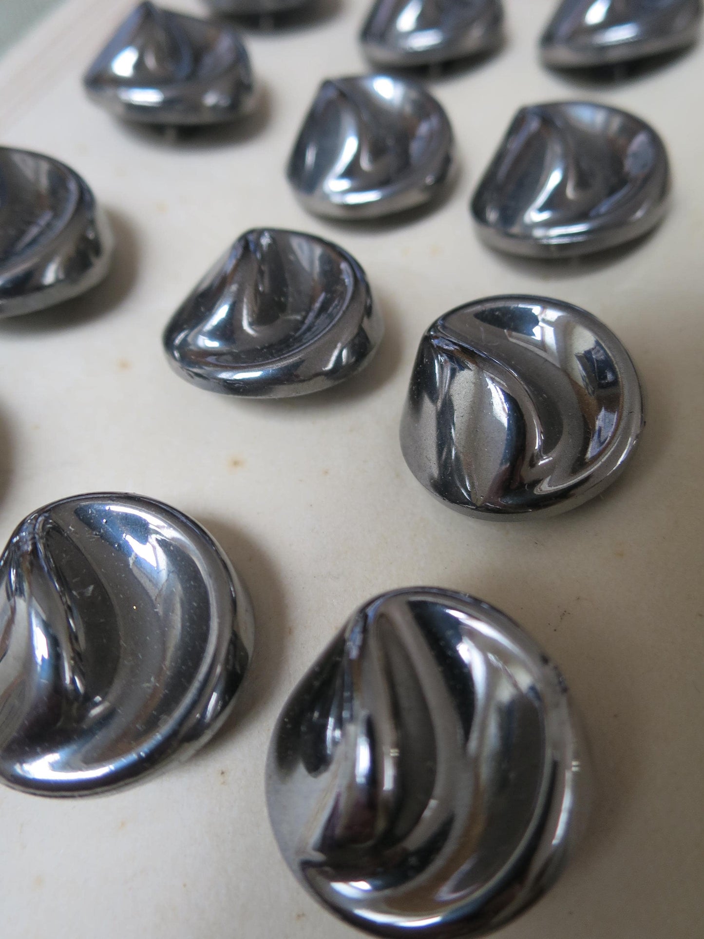 12 Antique Carded Art Deco Czechoslovakian Glass Buttons- Steel Organic Swirls Design