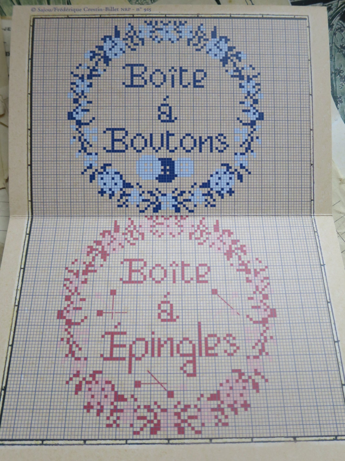 Sajou Red Cross Stitch Album 915- Pin & Button Box Lids and Vintage Sajou Adverts