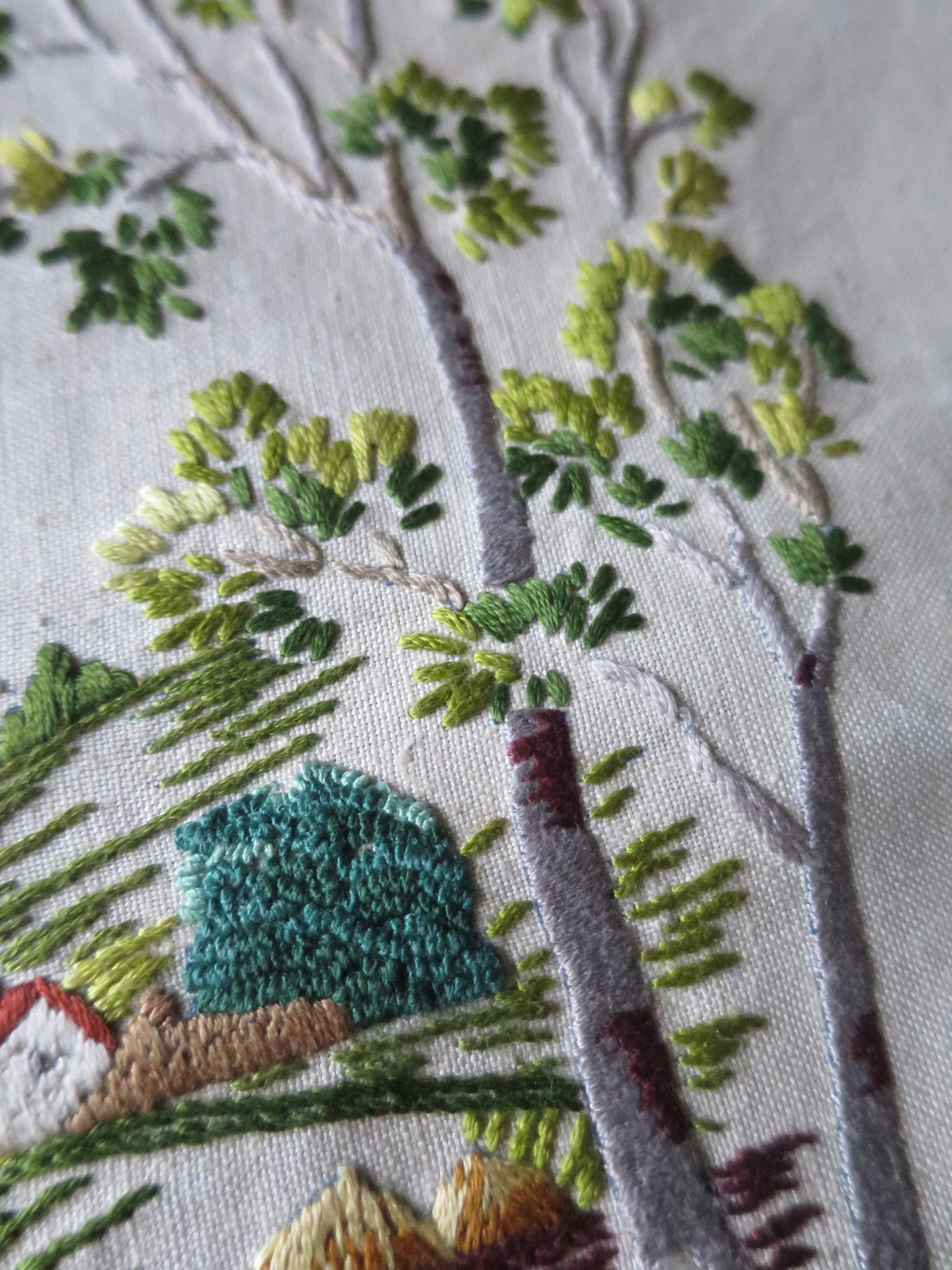 Vintage Hand Embroidered Panel- English Countryside