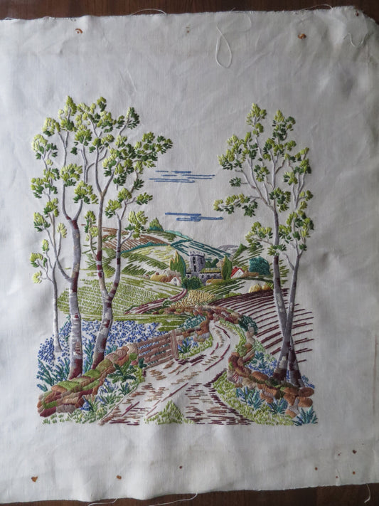 Vintage Hand Embroidered Panel- English Countryside