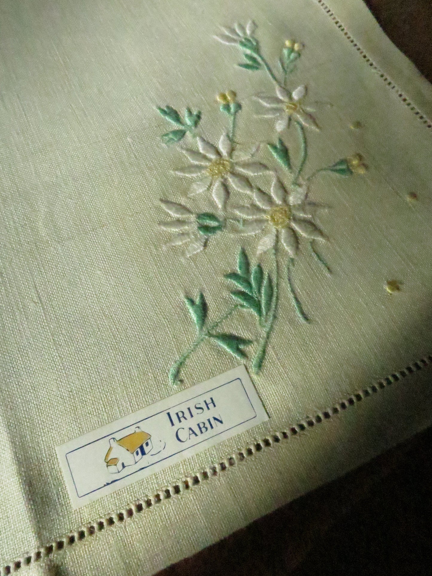 Pair Unused Vintage Pale Yellow Irish Linen Tray Cloths- Floral Embroidery