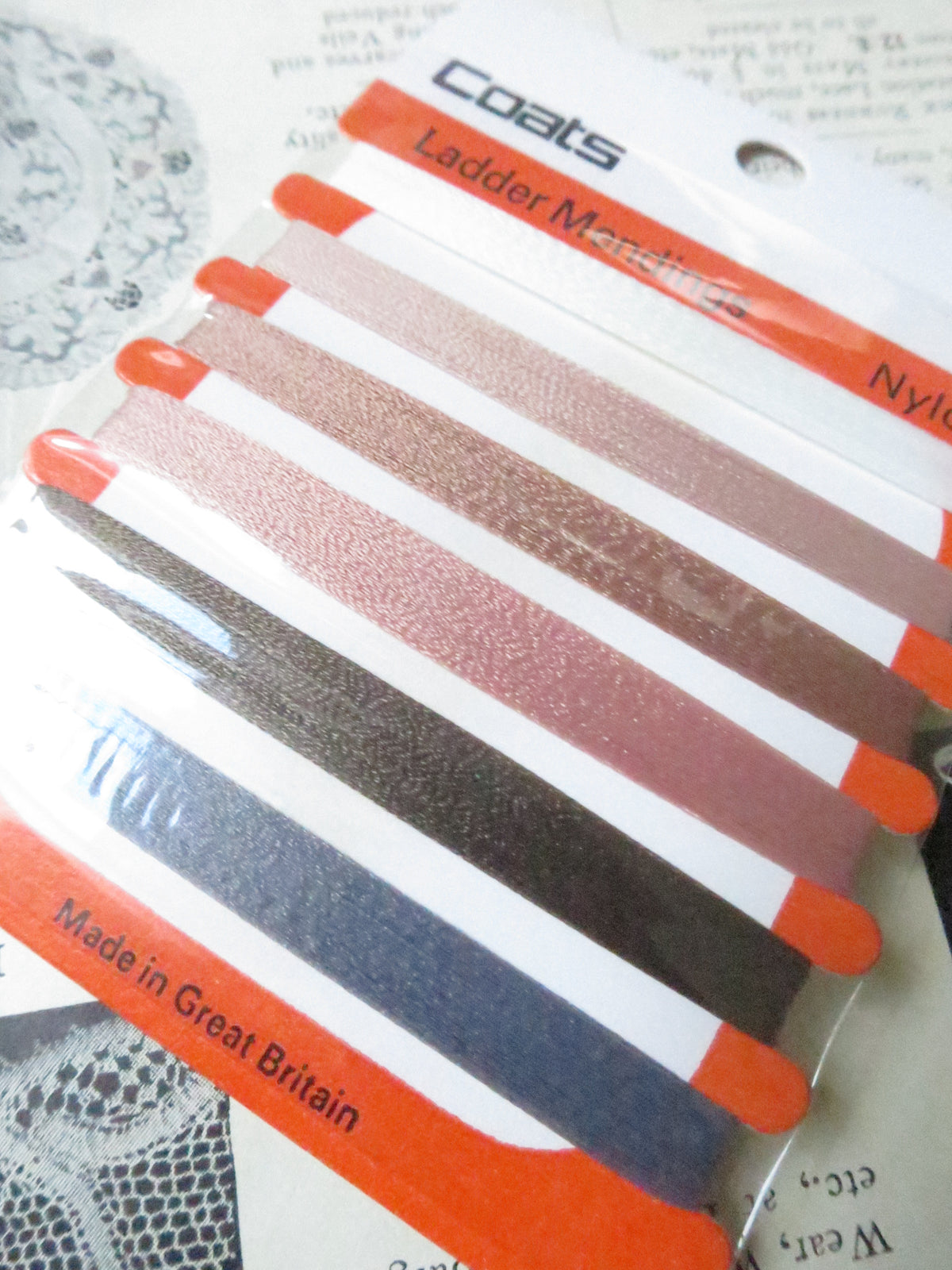 Coats nylon darning thread card showing all 6 available colours