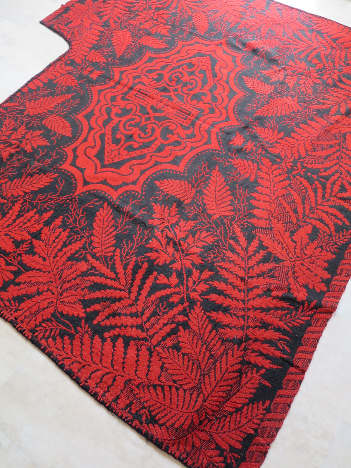 Large 173 by 190 cm antique American Jacquard coverlet laid flat, showcasing the bold botanical pattern of woven fern fronds and oak leaves.