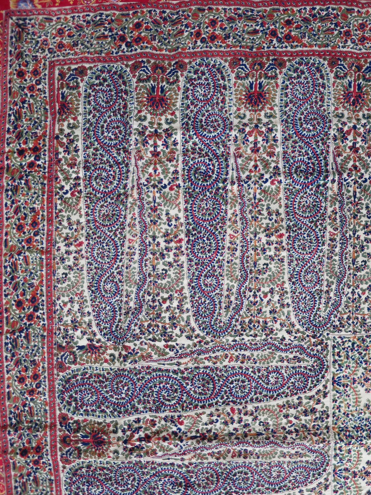 Boteh (paisley) motif detail on the wool challis shawl, c.1850s