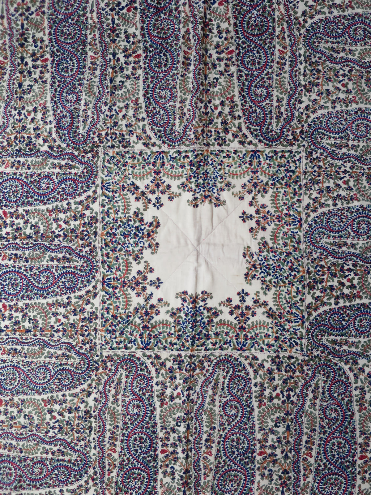 Central medallion detail on the printed paisley wool challis shawl