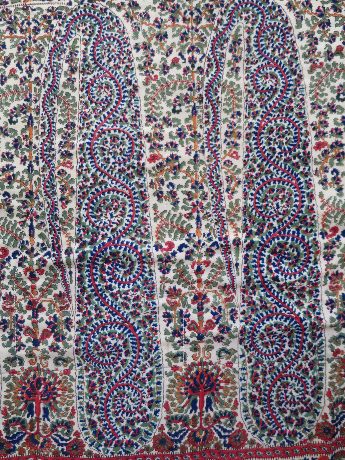 Boteh (paisley) motif detail on the wool challis shawl, c.1850s