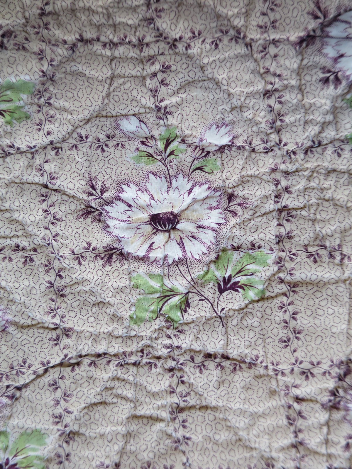 Aster-like flower motif within the dotted hexagon grid on the quilt’s printed reverse.