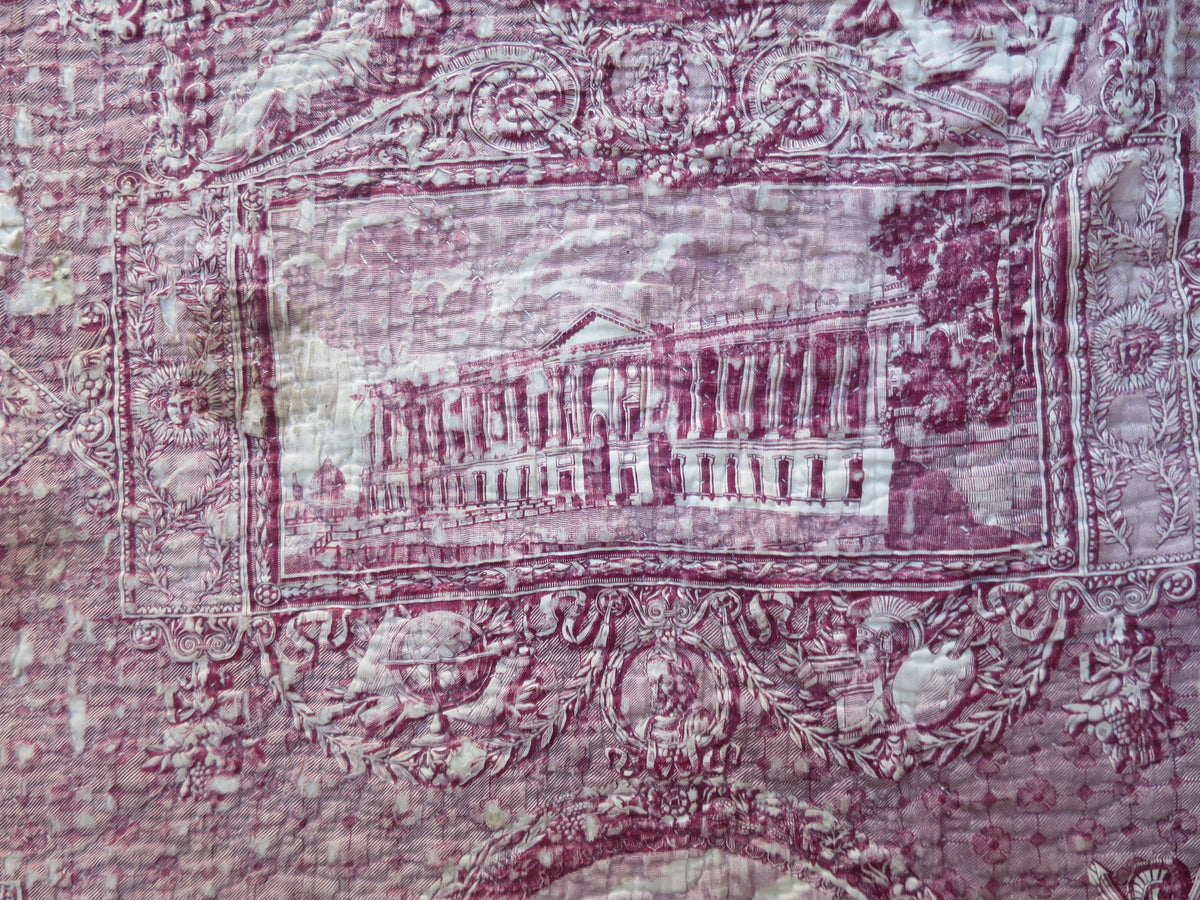 Further detail of the Oberkampf toile panel, showing one of its printed Paris monument scenes.