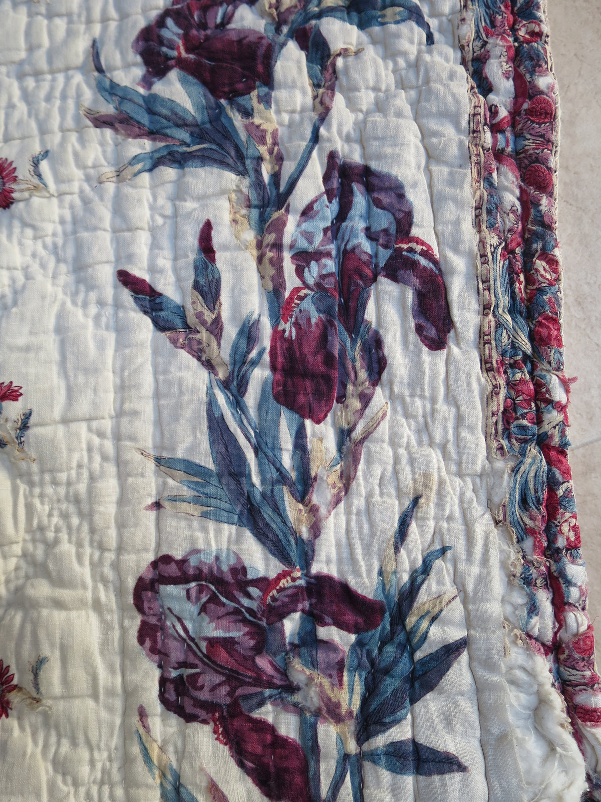 Late 18th-Century French Provençal Quilt with Block-Printed Iris Border