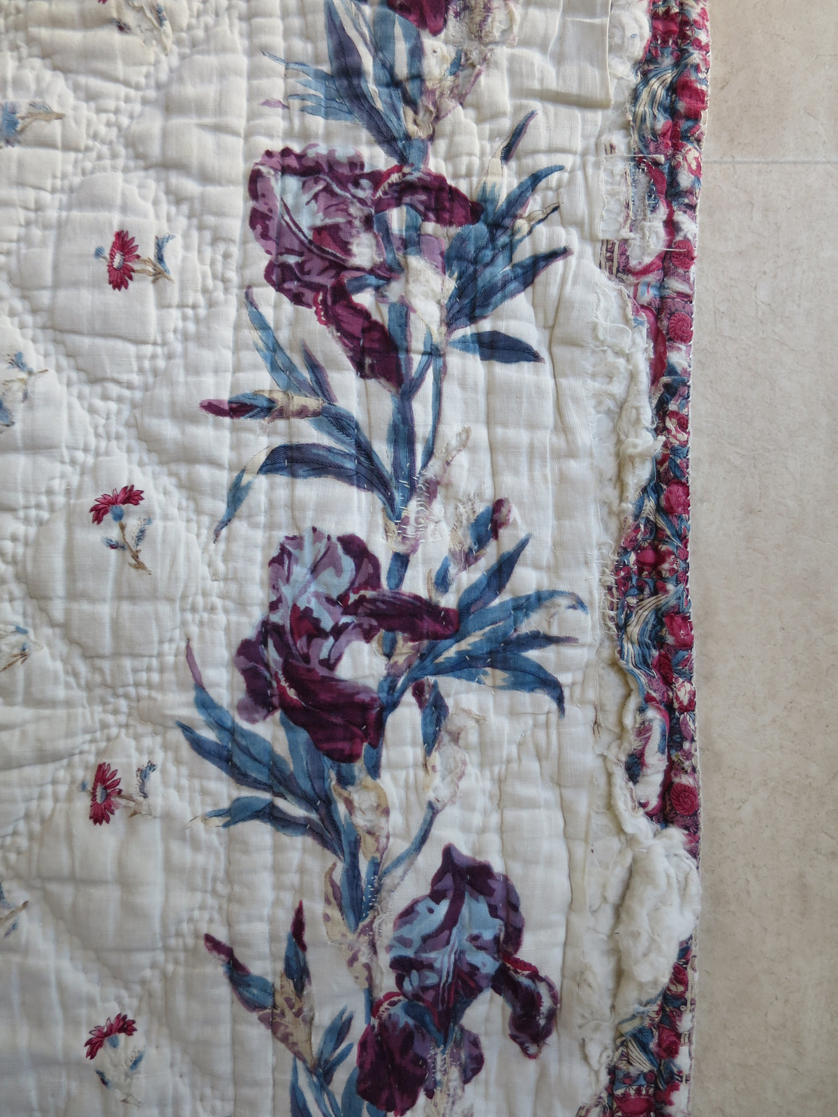 Late 18th-Century French Provençal Quilt with Block-Printed Iris Border