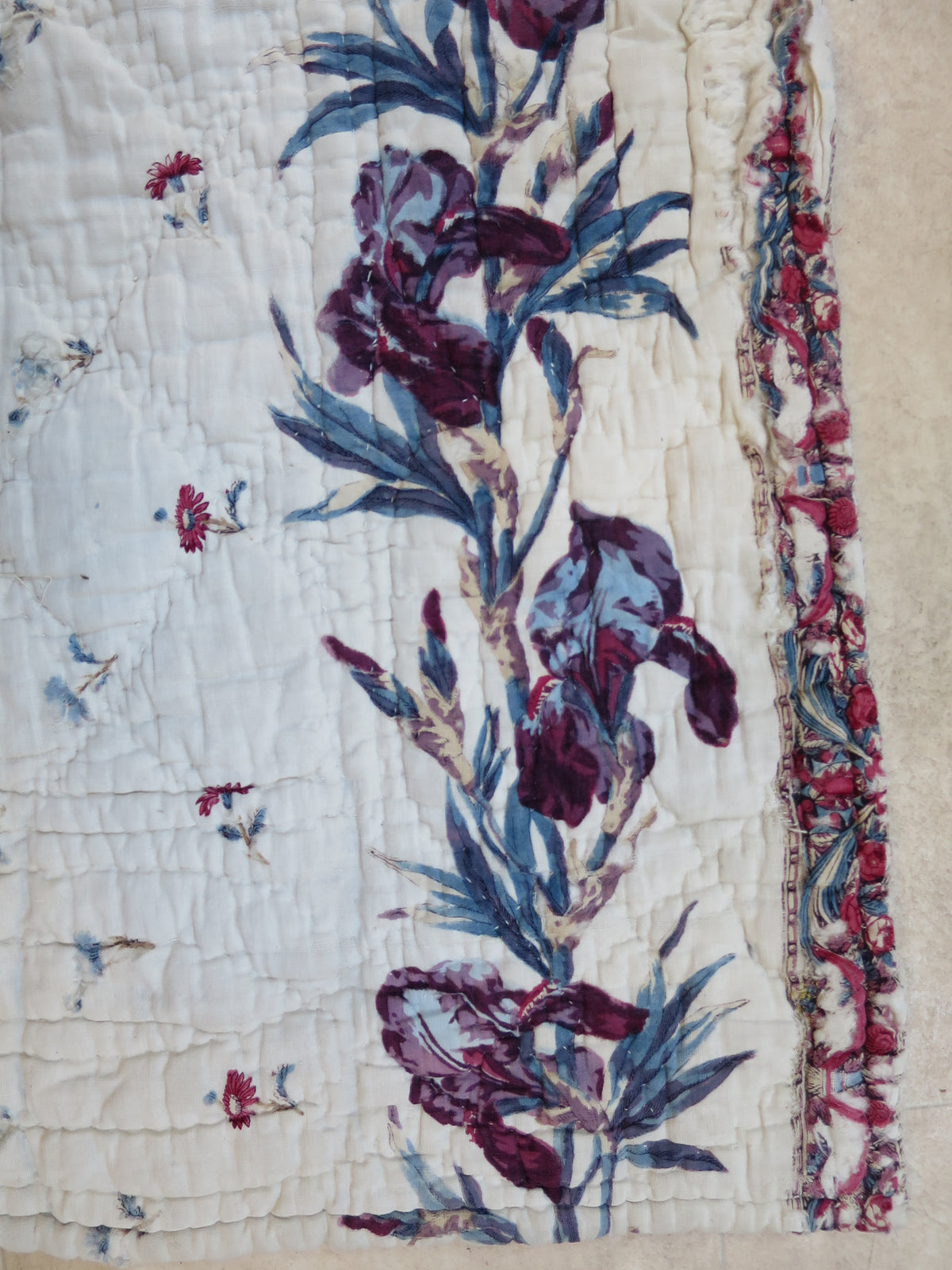 Late 18th-Century French Provençal Quilt with Block-Printed Iris Border