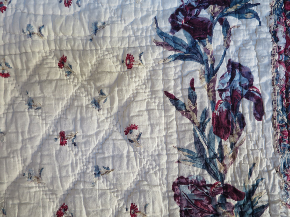 Late 18th-Century French Provençal Quilt with Block-Printed Iris Border
