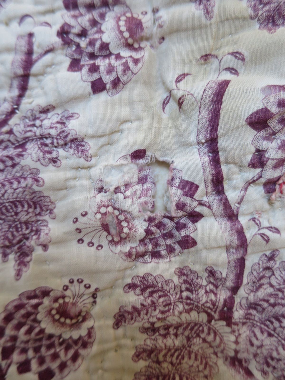 Detail of the tree peony and carnation motifs on the plum print