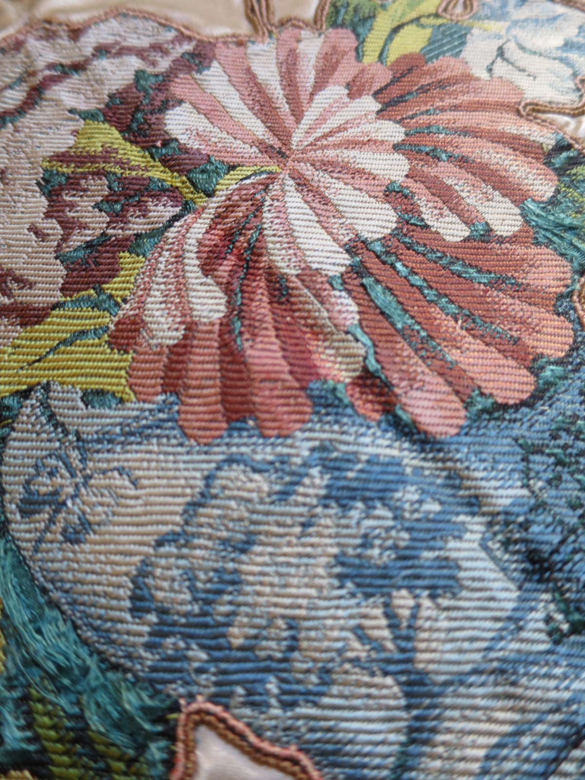 Close-up of 18th-century lampas silk, showing its woven pattern.