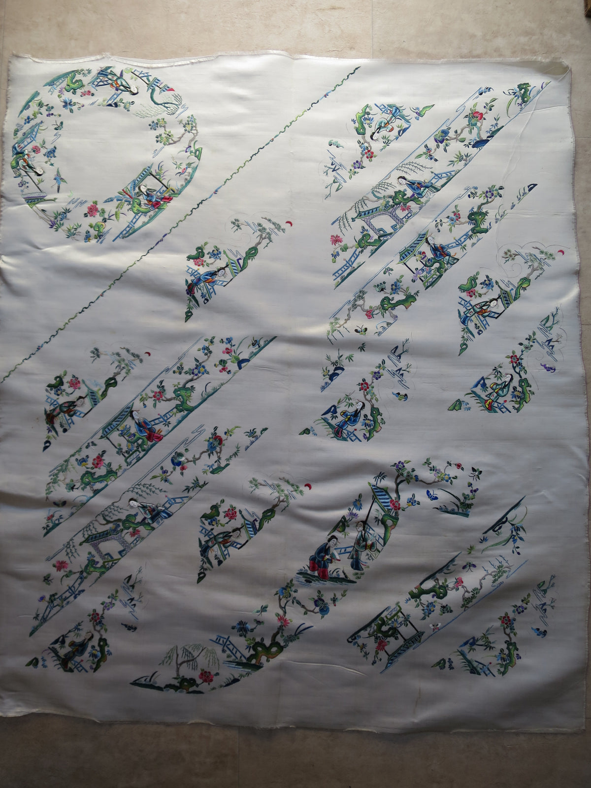 Uncut Chinese Silk Embroidery Sleeve Panel, Chang Fa Workshop, c. 1900–1920