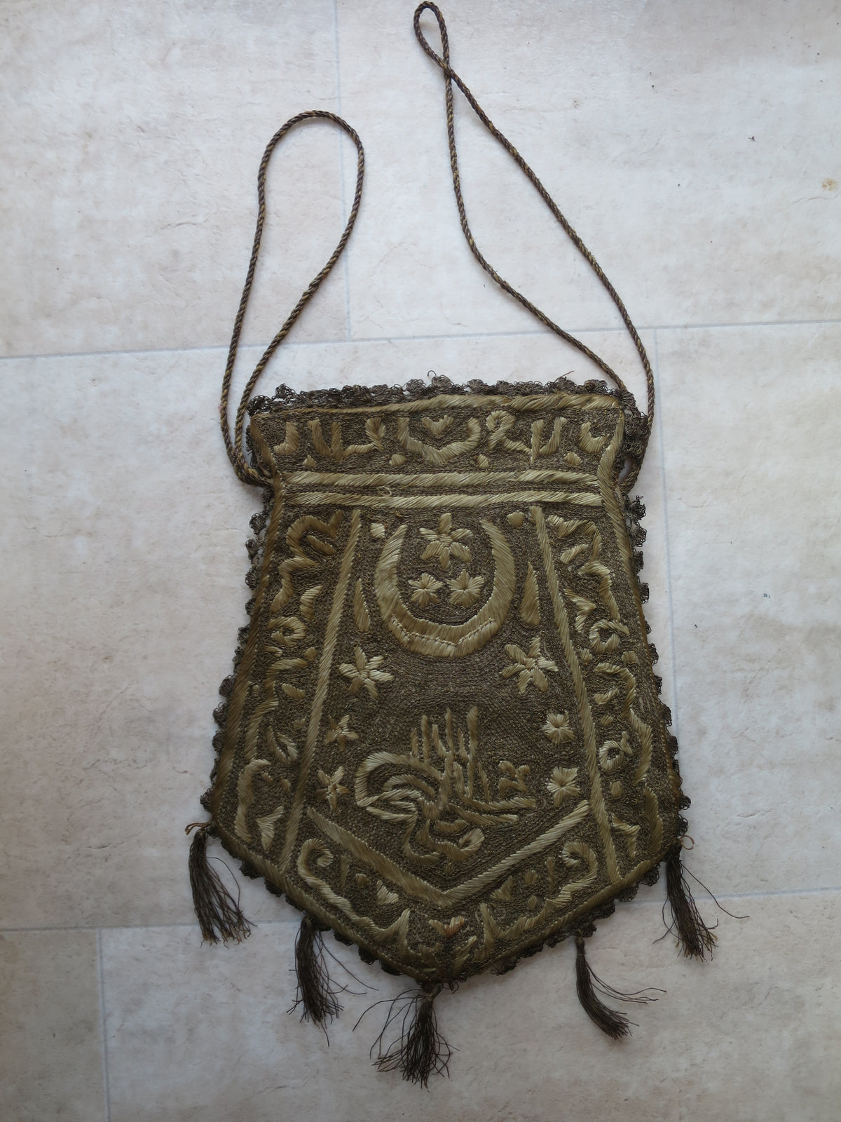 Ottoman Tughra Ceremonial Pouch with Maraş Embroidery & Metallic Needle Lace, c. 1880–1900
