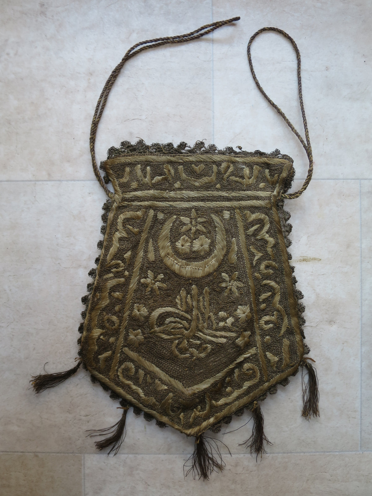 Ottoman Tughra Ceremonial Pouch with Maraş Embroidery & Metallic Needle Lace, c. 1880–1900