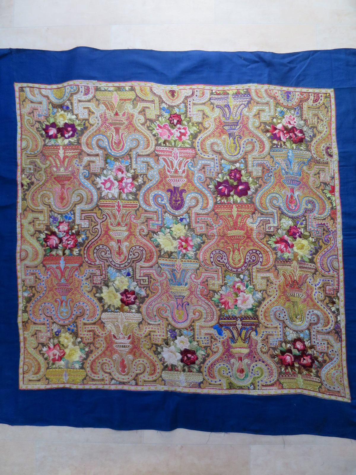 A Pristine Anglo-Indian Needle-Embroidered Rumal Panel (c. 1870–1890)