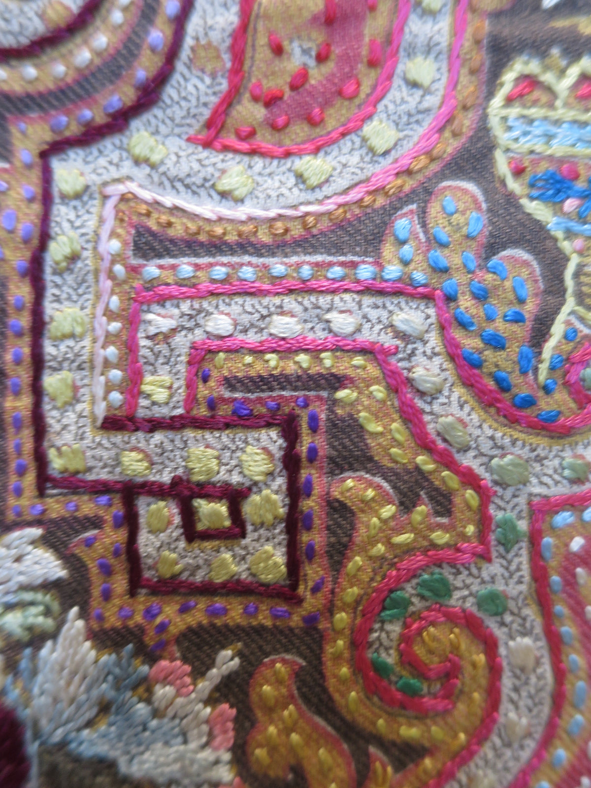 A Pristine Anglo-Indian Needle-Embroidered Rumal Panel (c. 1870–1890)