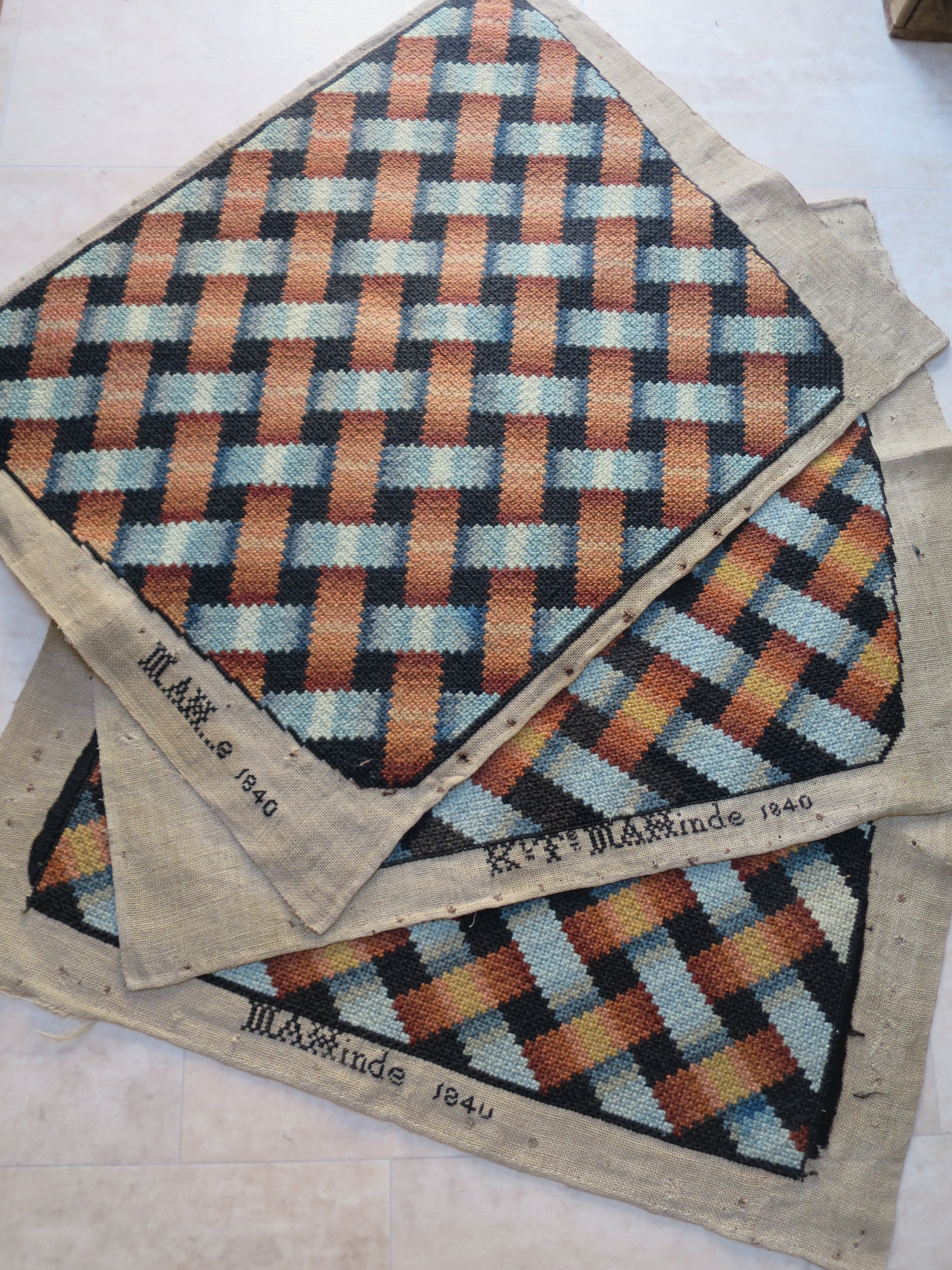 Three Dutch Wool Needlework Chair Seat Covers, Signed ‘Kyt’ and Dated 1840