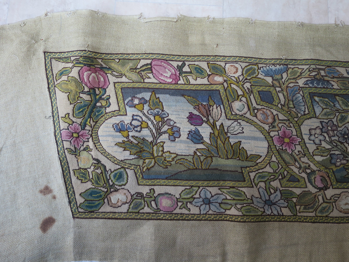 Jacobean Revival Wool Needlepoint Seat Panel, c. 1920s–1930s