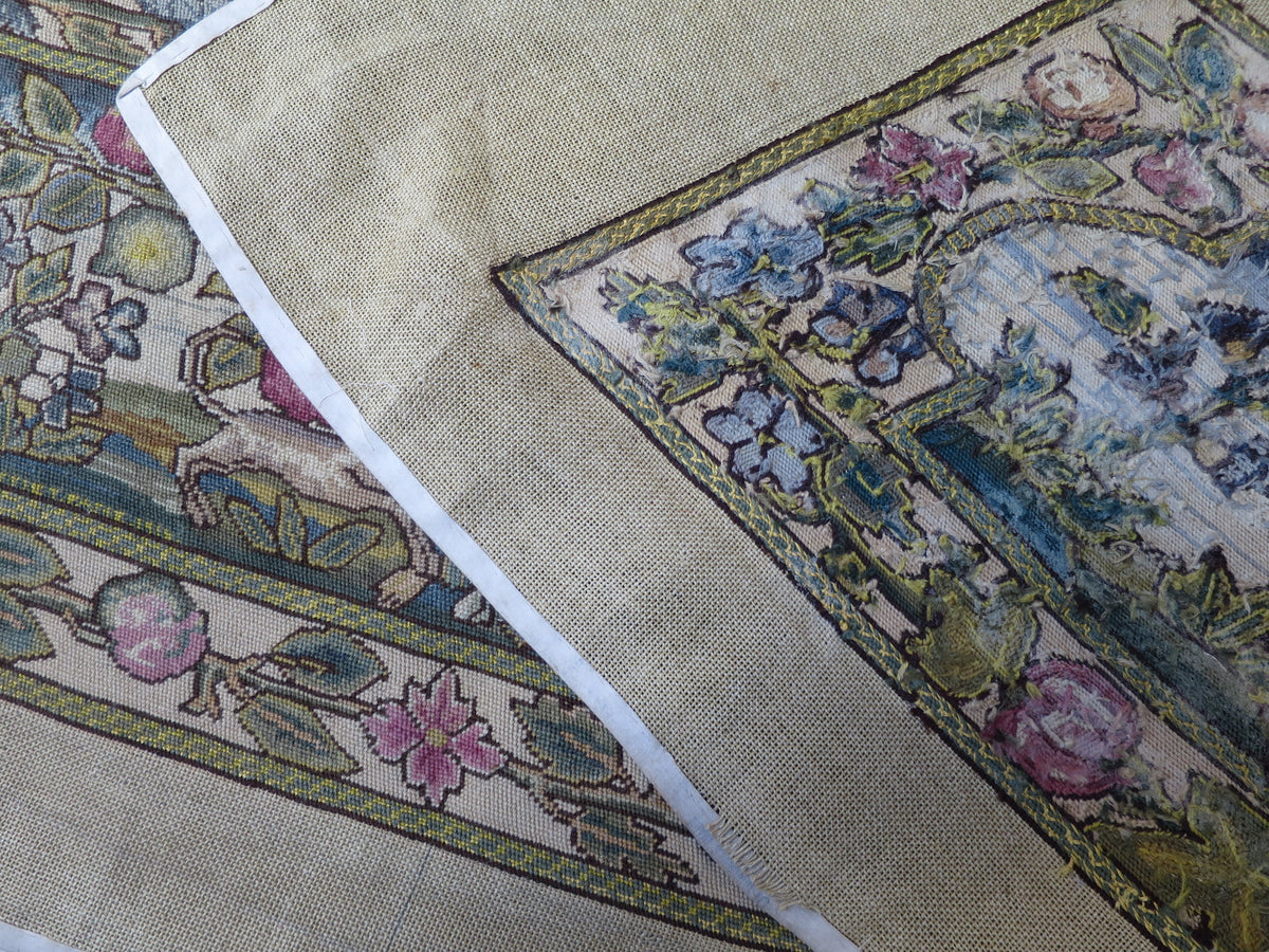 Jacobean Revival Wool Needlepoint Seat Panel, c. 1920s–1930s