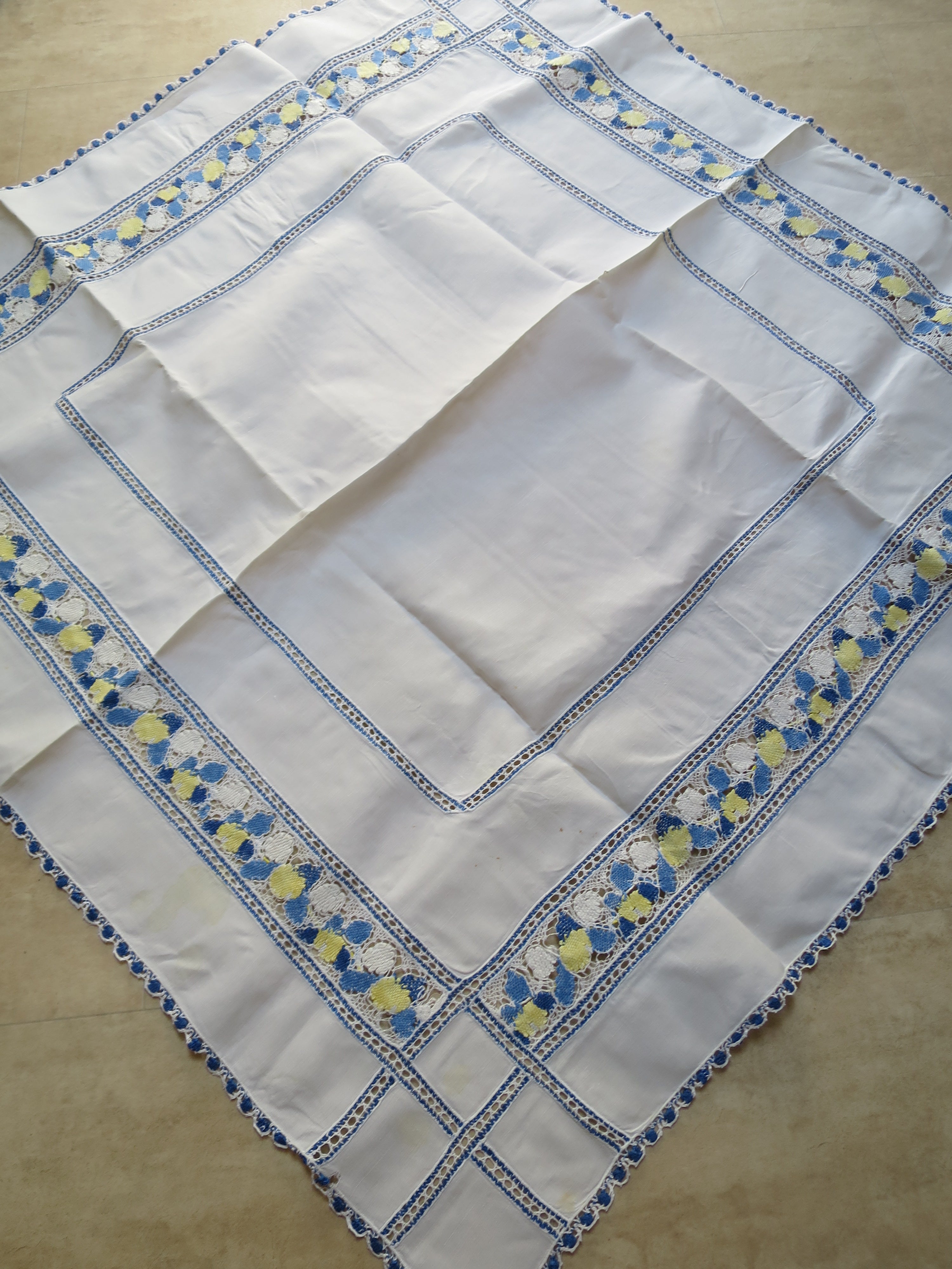 Antique Slovakian / Carpathian Polychrome Bobbin Lace Tablecloth, circa 1910