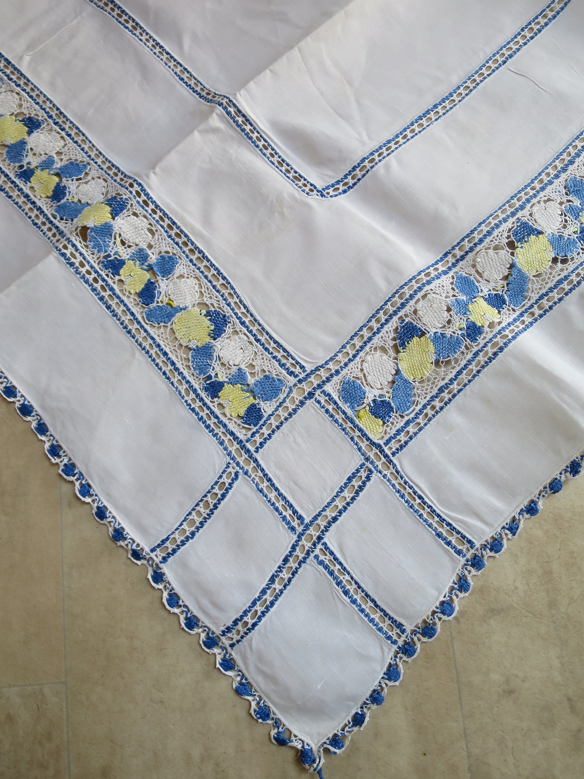 Antique Slovakian / Carpathian Polychrome Bobbin Lace Tablecloth, circa 1910