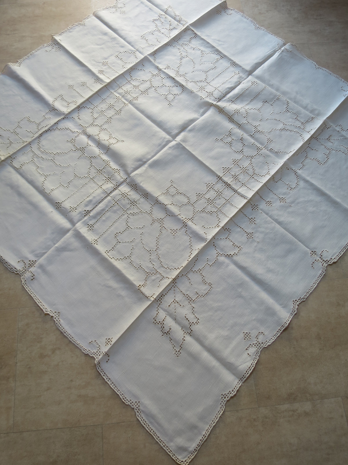 Antique Linen Tablecloth- Pulled Thread Hand Embroidery, circa 1910