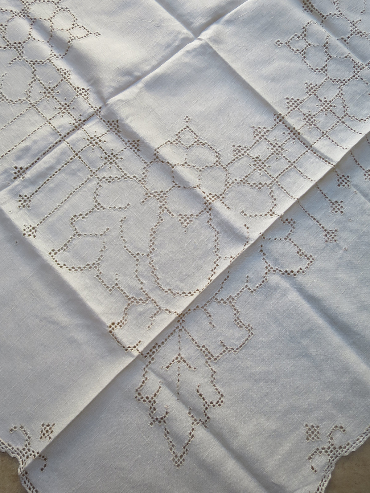 Antique Linen Tablecloth- Pulled Thread Hand Embroidery, circa 1910