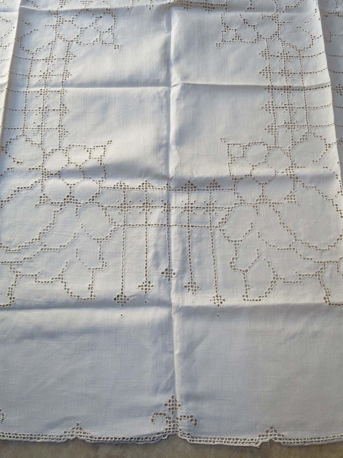 Antique Linen Tablecloth- Pulled Thread Hand Embroidery, circa 1910