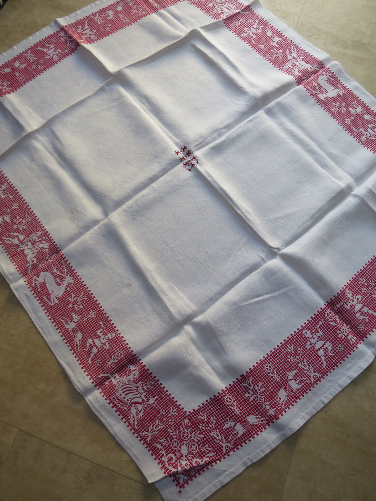 Antique Linen Damask Tablecloth with Red Pattern Darning, circa 1900