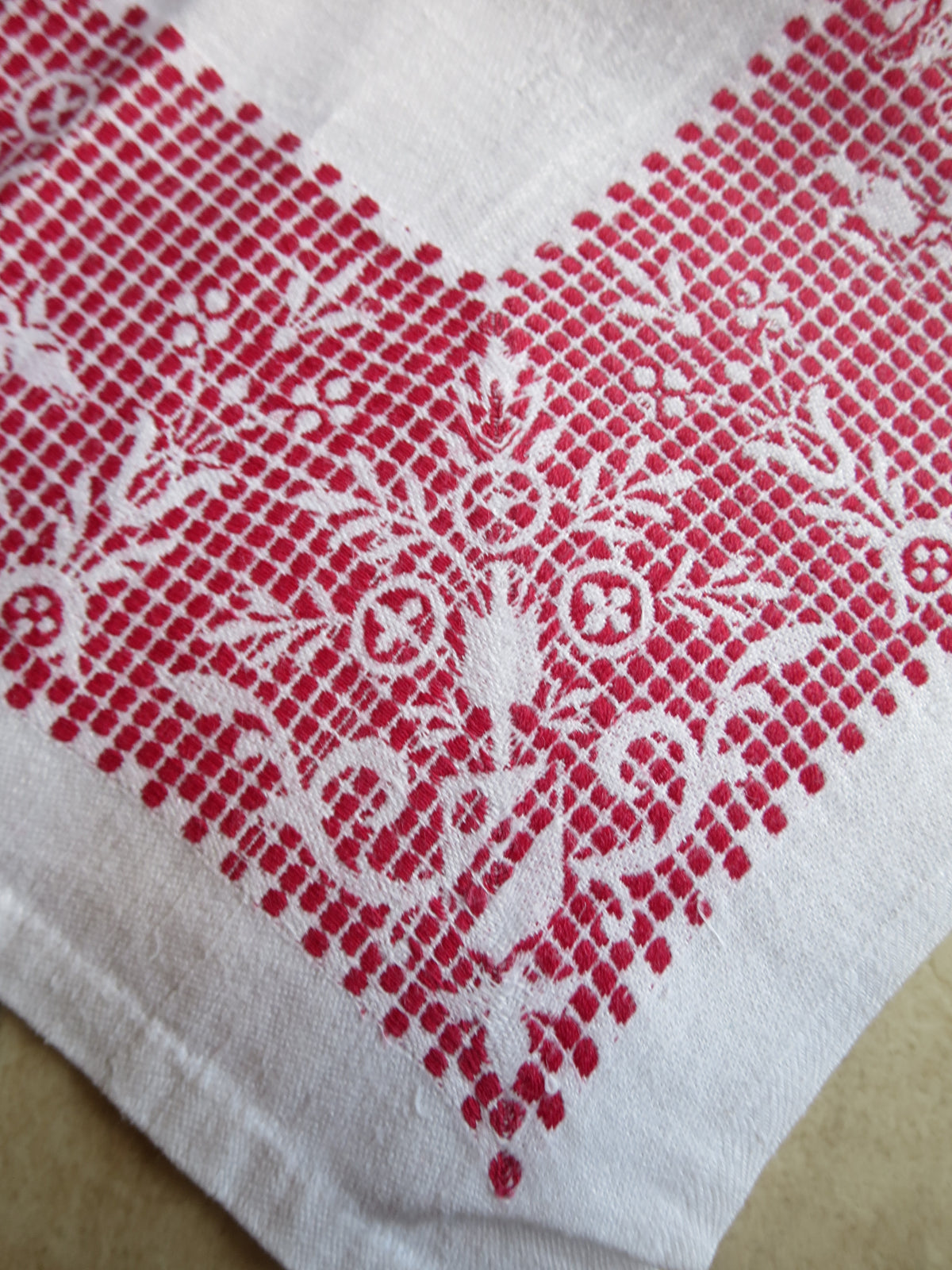 Antique Linen Damask Tablecloth with Red Pattern Darning, circa 1900