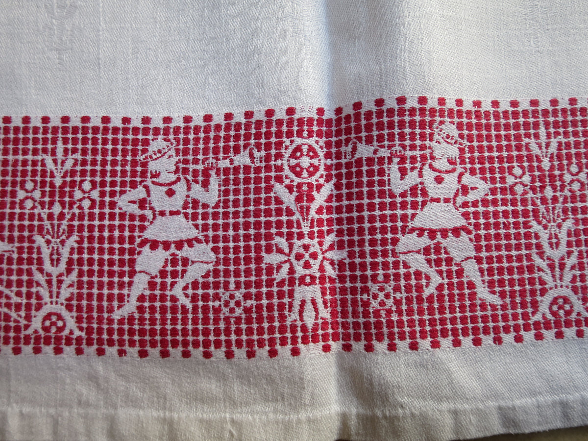 Antique Linen Damask Tablecloth with Red Pattern Darning, circa 1900