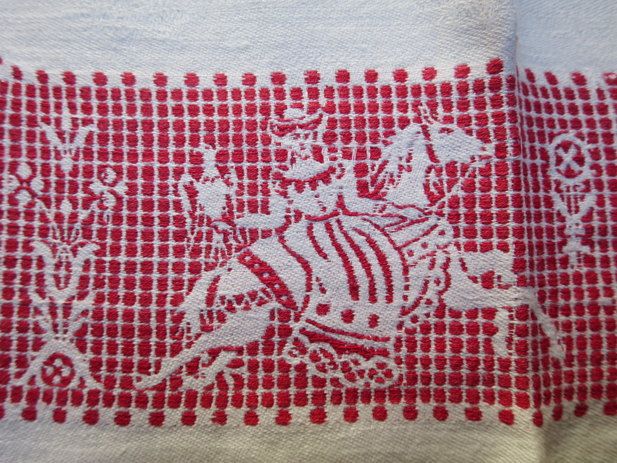 Antique Linen Damask Tablecloth with Red Pattern Darning, circa 1900