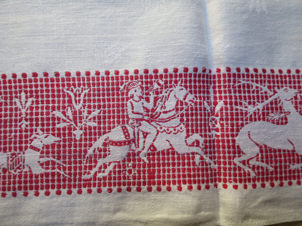 Antique Linen Damask Tablecloth with Red Pattern Darning, circa 1900