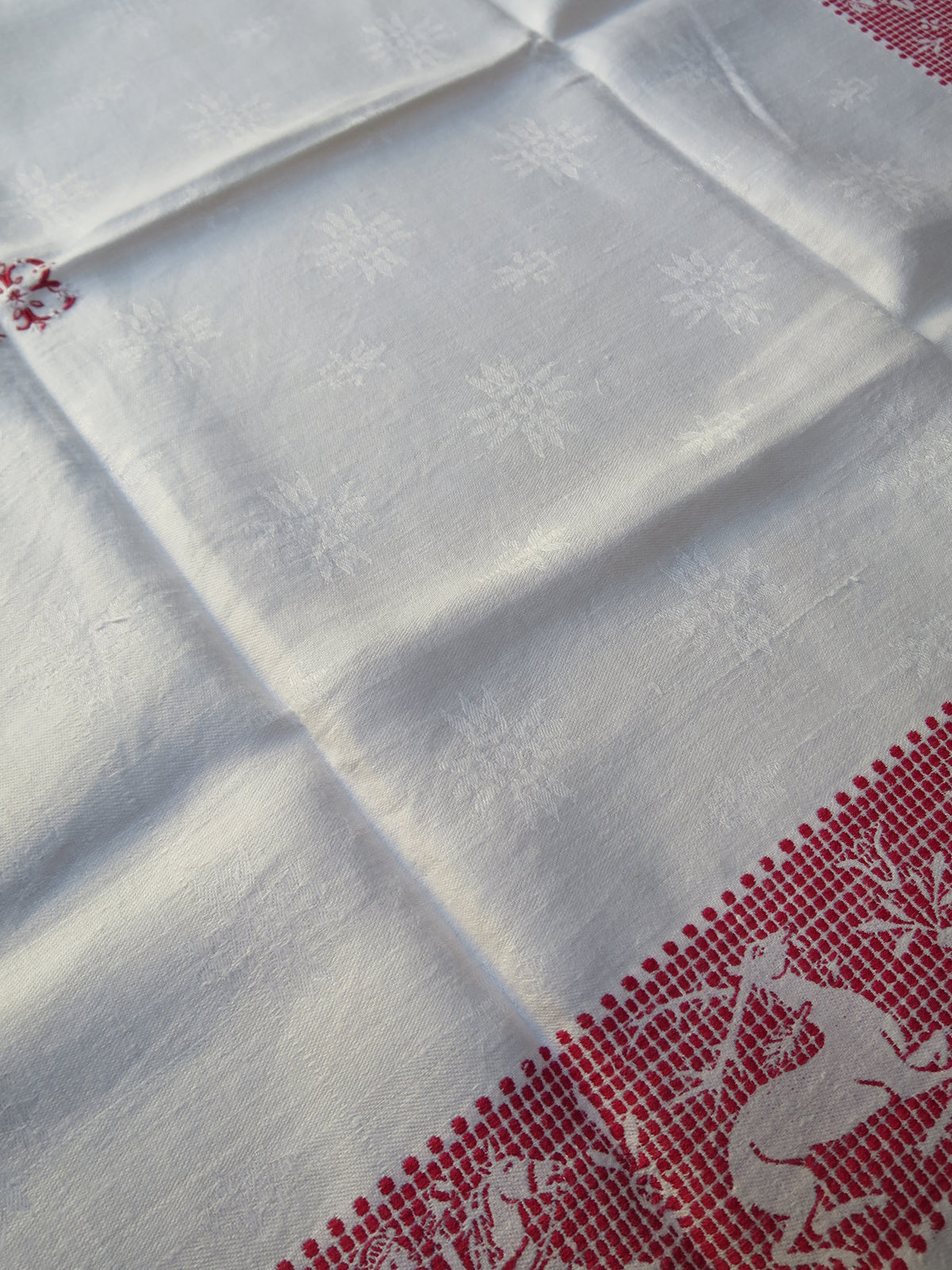 Antique Linen Damask Tablecloth with Red Pattern Darning, circa 1900