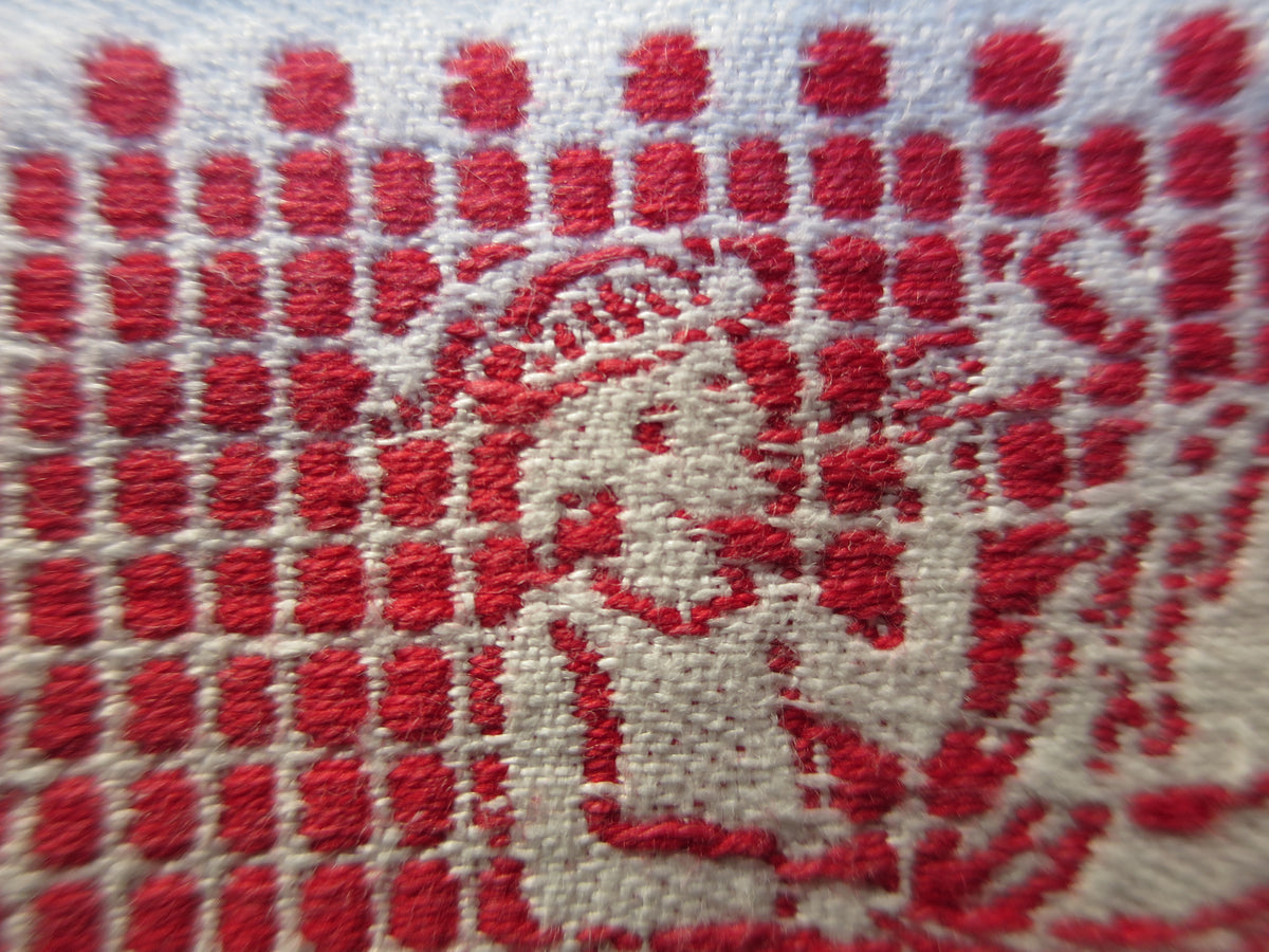 Antique Linen Damask Tablecloth with Red Pattern Darning, circa 1900