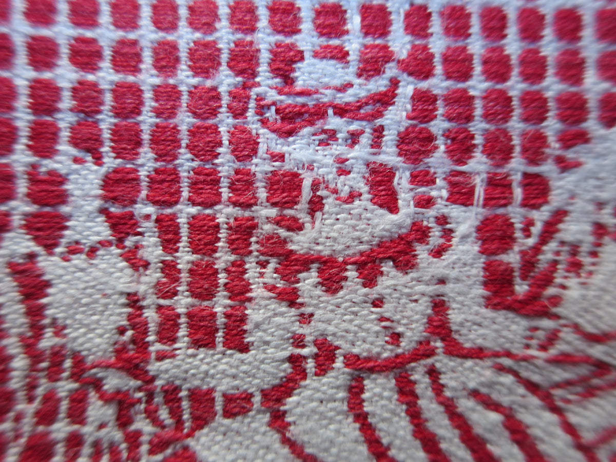 Antique Linen Damask Tablecloth with Red Pattern Darning, circa 1900