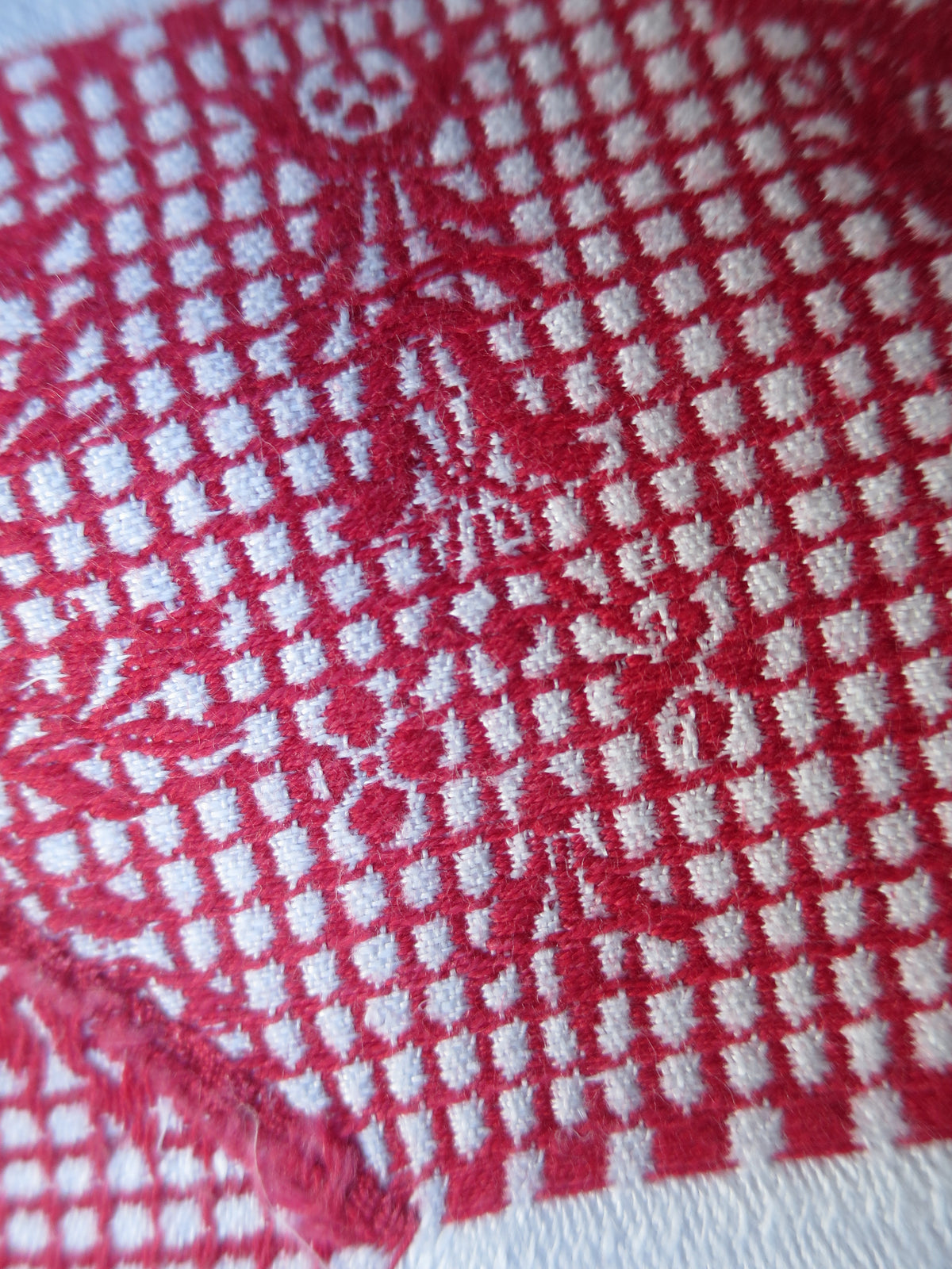Antique Linen Damask Tablecloth with Red Pattern Darning, circa 1900
