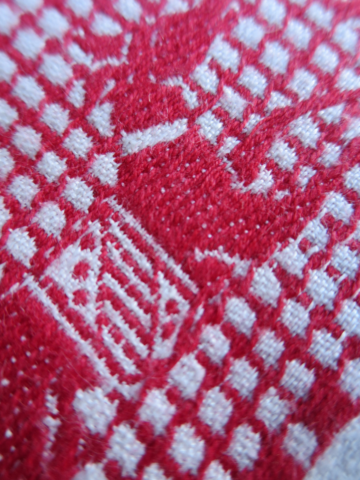 Antique Linen Damask Tablecloth with Red Pattern Darning, circa 1900