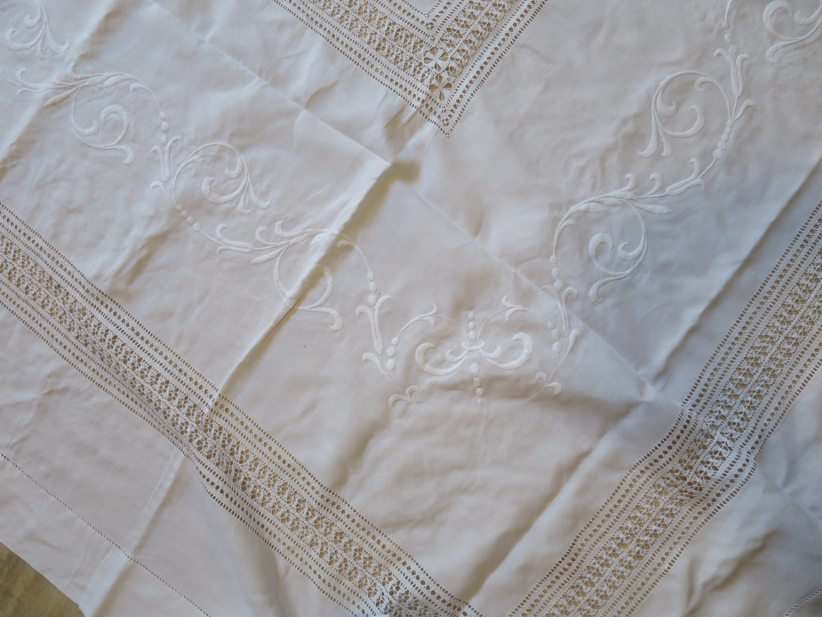 Edwardian Irish Linen Bedspread with Raised Whitework & Reticella Lace, circa 1905