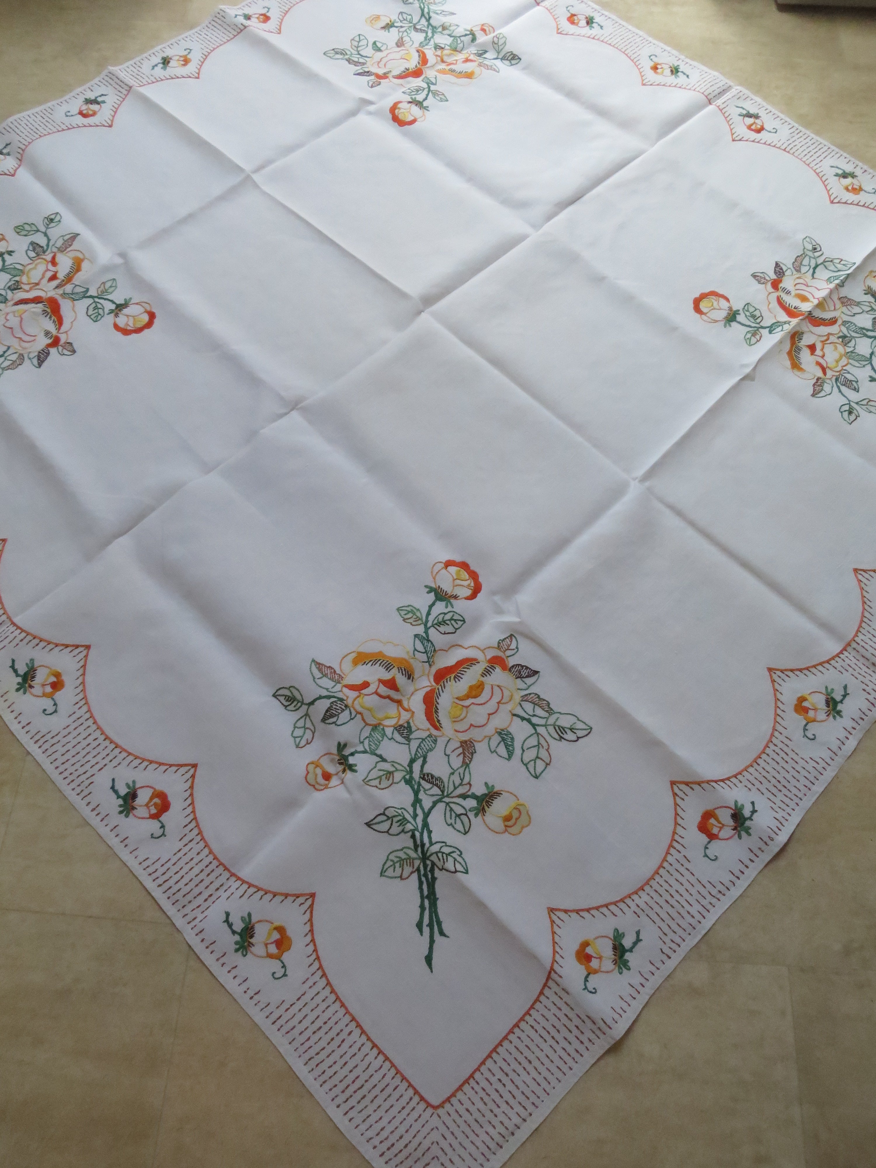 Art Deco Irish Linen Tablecloth with Hand-Painted & Embroidered Roses