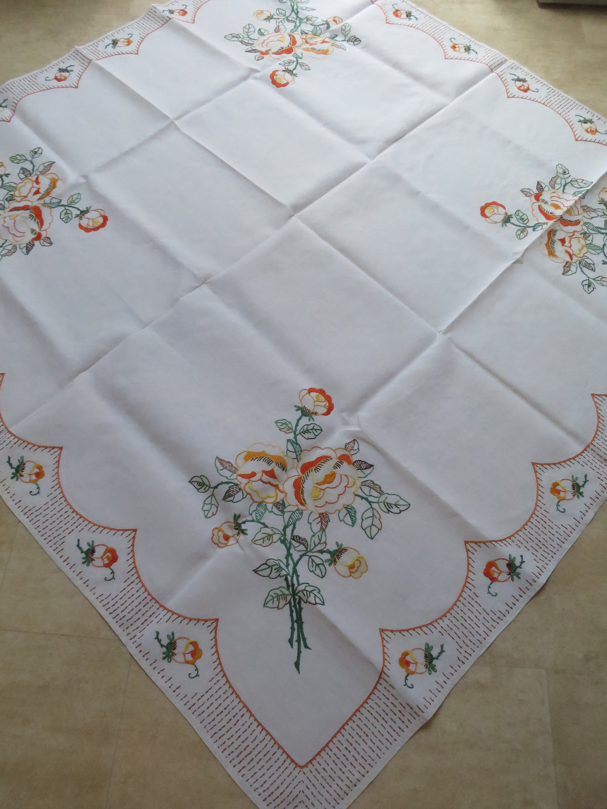 Art Deco Irish Linen Tablecloth with Hand-Painted & Embroidered Roses