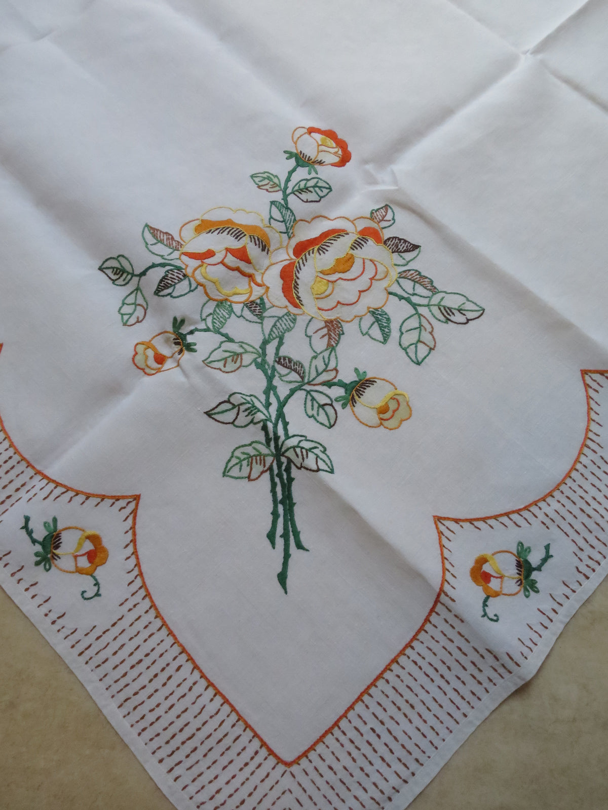 Art Deco Irish Linen Tablecloth with Hand-Painted & Embroidered Roses