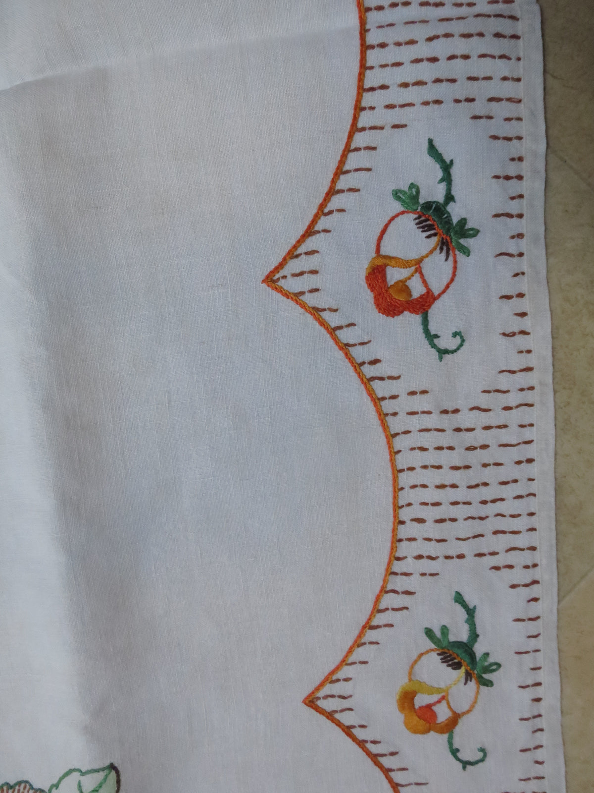 Art Deco Irish Linen Tablecloth with Hand-Painted & Embroidered Roses
