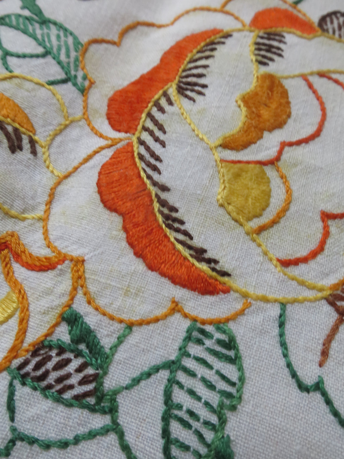 Art Deco Irish Linen Tablecloth with Hand-Painted & Embroidered Roses